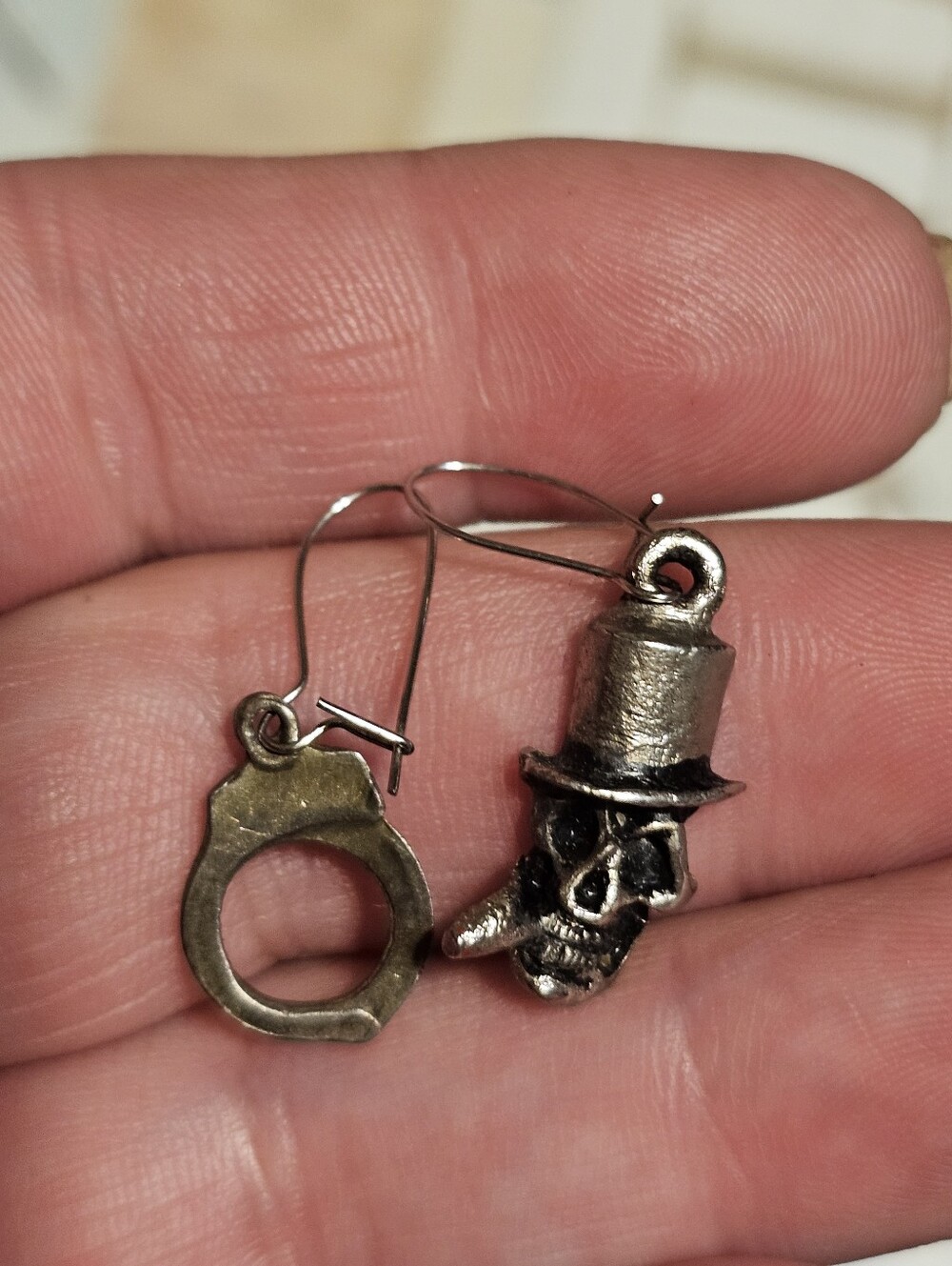 Vintage Silver Tone Handcuff & Skull Earrings